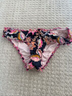Shade & Shore Black Floral Bikini Bottoms with Pink Trim